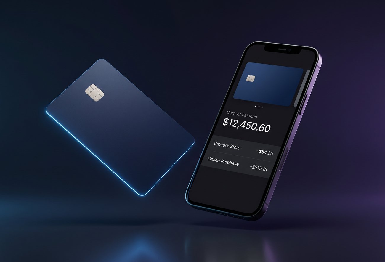 A payment card floating beside a phone showing a card management screen