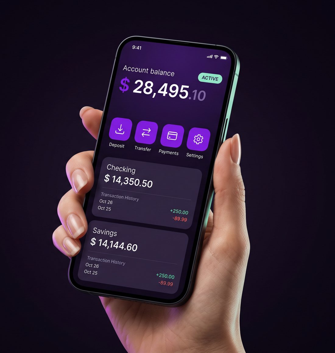 A hand holding a phone showing a wallet super app with balance, quick actions and linked accounts