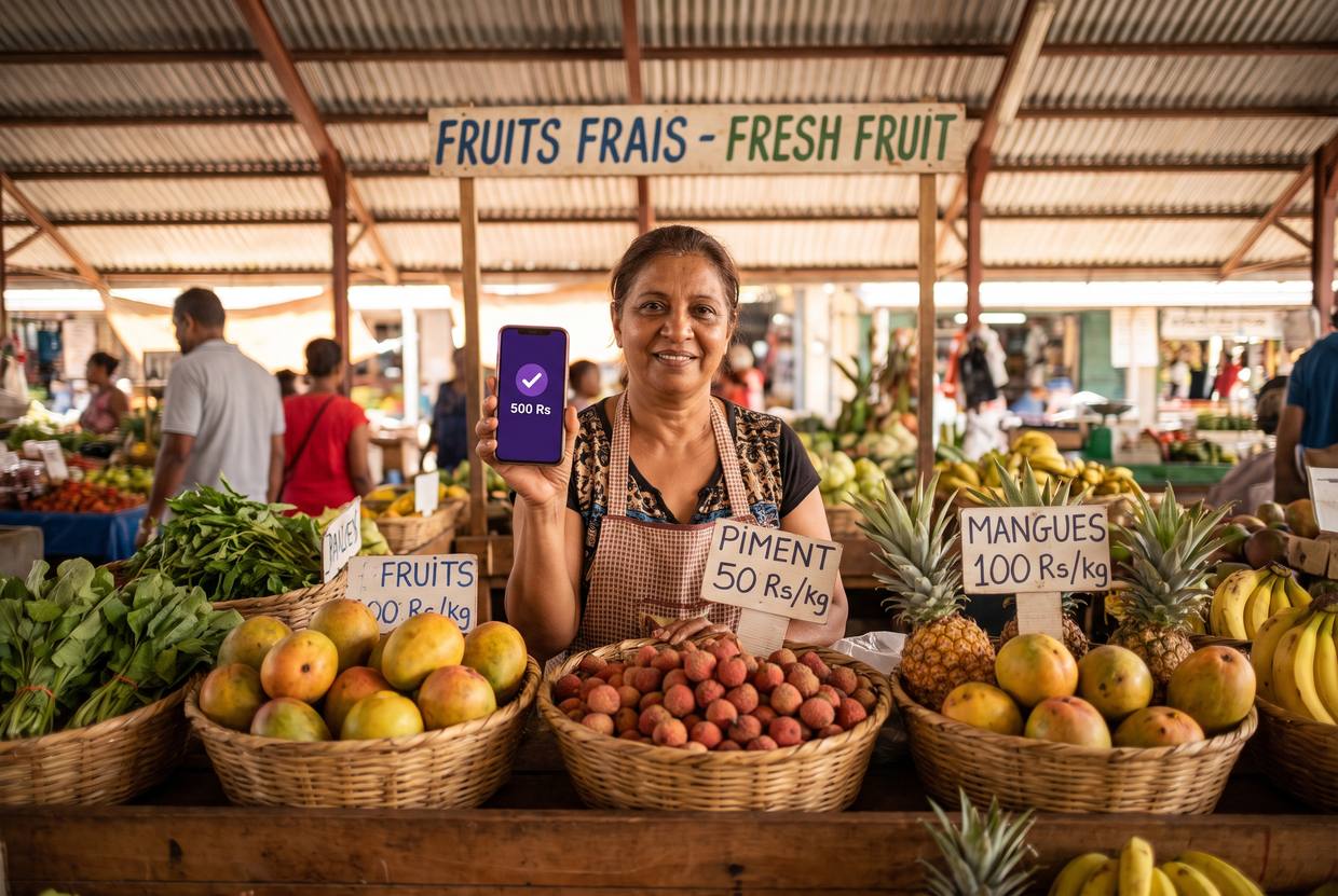 A market trader smiling and holding up a phone showing a completed payment