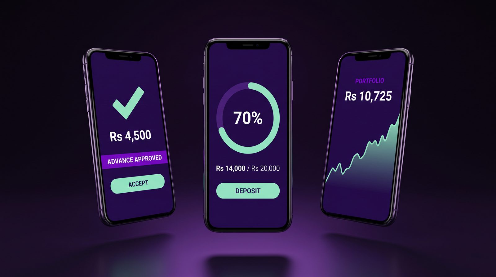 Three phone screens showing a loan approval, a savings goal at seventy percent and an investment portfolio